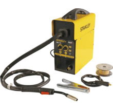 Aparat de sudură Stanley MIG 120 Inverter galben-negru cu pistolet de sudură, clemă de masă și sârmă de sudură.