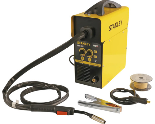 Aparat de sudură Stanley MIG 120 Inverter galben-negru cu pistolet de sudură, clemă de masă și sârmă de sudură.