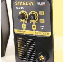 Panoul de control al aparatului de sudură tip invertor Stanley MIG 120 cu Stanley Logo, butoane de reglare și simboluri de siguranță.