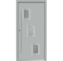 Ușă de intrare gri cu trei decupaje luminoase dreptunghiulare decalate și mâner lung.