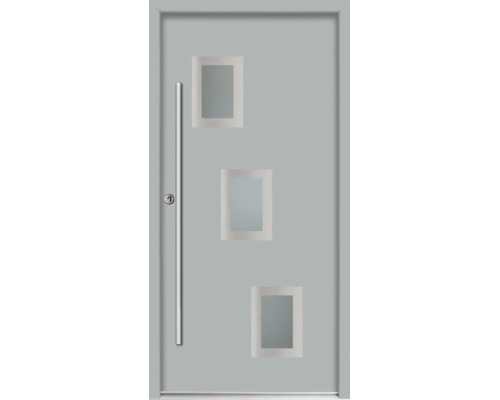 Ușă de intrare gri cu trei decupaje luminoase dreptunghiulare decalate și mâner lung.