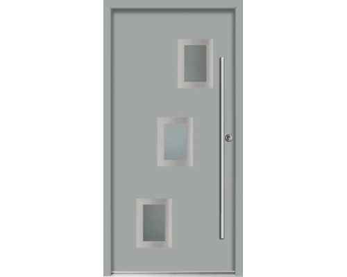 Ușă de intrare gri modernă cu trei inserții rectangulare din sticlă și un mâner vertical lung din oțel inoxidabil.
