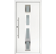 Ușă de intrare albă cu patru inserții rectangulare din sticlă în ramă de inox și mâner lung tip bară.