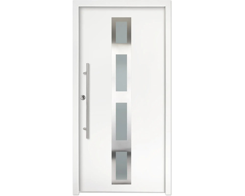 Ușă de intrare albă cu patru inserții rectangulare din sticlă în ramă de inox și mâner lung tip bară.