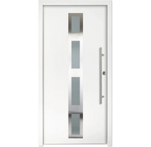 Ușă de intrare modernă albă cu patru inserții rectangulare de sticlă și un mâner vertical din oțel inoxidabil.
