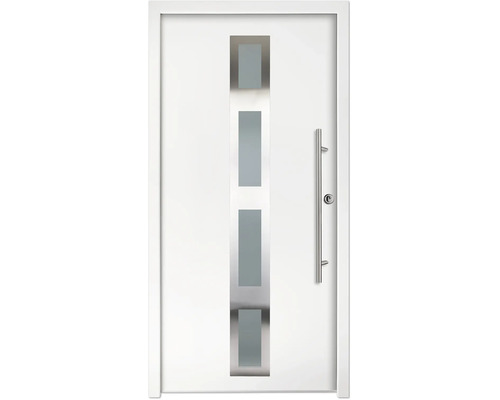 Ușă de intrare modernă albă cu patru inserții rectangulare de sticlă și un mâner vertical din oțel inoxidabil.