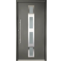 Ușă de intrare antracit cu decupaj vertical din sticlă și mâner bară din oțel inoxidabil.