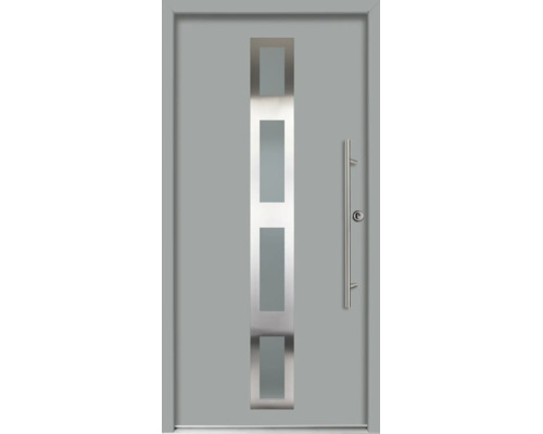 Ușă de intrare modernă gri cu patru inserții rectangulare de sticlă, mâner bară din oțel inoxidabil și aplicații din oțel inoxidabil.