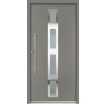 Ușă de intrare modernă gri cu decupaj vitrat vertical, patru inserții de sticlă și mâner bară din oțel inoxidabil.