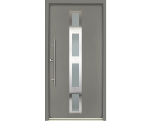 Ușă de intrare modernă gri cu decupaj vitrat vertical, patru inserții de sticlă și mâner bară din oțel inoxidabil.