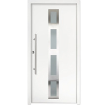 Ușă de intrare albă cu patru decupaje verticale din sticlă în ramă de inox și mâner bară lung.