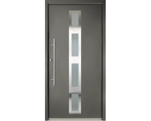 Ușă de intrare antracit cu decupaj vertical din sticlă și mâner bară din oțel inoxidabil.
