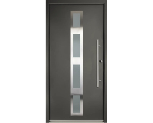 Ușă de intrare modernă gri închis cu inserție verticală de sticlă, patru geamuri dreptunghiulare și mâner din oțel inoxidabil.