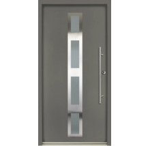 Ușă de intrare gri cu decupaj vertical din sticlă în ramă din oțel inoxidabil și mâner lung din oțel inoxidabil.