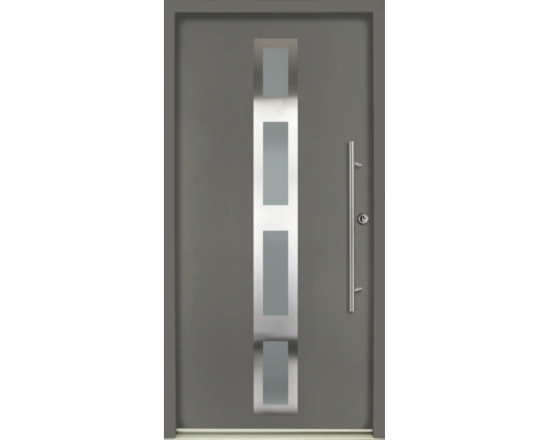 Ușă de intrare gri cu decupaj vertical din sticlă în ramă din oțel inoxidabil și mâner lung din oțel inoxidabil.