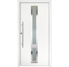 Ușă de intrare albă cu decupaj vertical din sticlă, cadru din oțel inoxidabil și mâner lung.