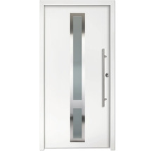 Ușă de intrare albă cu decupaj vertical din sticlă, cadru din oțel inoxidabil și mâner bară lung din oțel inoxidabil.