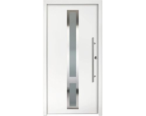 Ușă de intrare albă cu decupaj vertical din sticlă, cadru din oțel inoxidabil și mâner bară lung din oțel inoxidabil.
