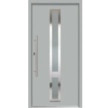 Ușă de intrare modernă, gri, cu decupaj vertical din sticlă, mâner bară din oțel inoxidabil și suprafață netedă.
