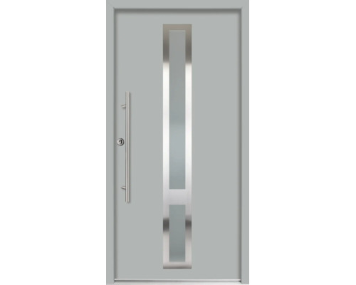 Ușă de intrare modernă, gri, cu decupaj vertical din sticlă, mâner bară din oțel inoxidabil și suprafață netedă.