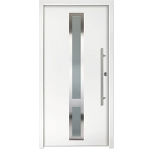 Ușă de intrare albă cu decupaj vertical pentru lumină, mâner din oțel inoxidabil și inserție de sticlă.