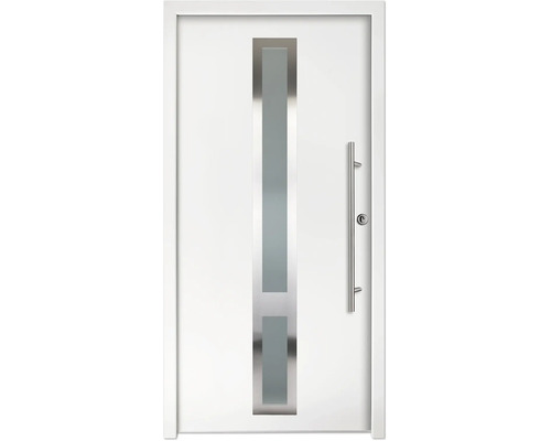 Ușă de intrare albă cu decupaj vertical pentru lumină, mâner din oțel inoxidabil și inserție de sticlă.