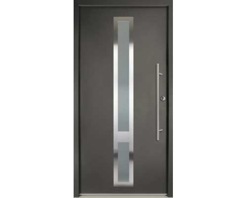 Ușă de intrare modernă de culoare antracit, cu decupaj vertical din sticlă și mâner tip bară din oțel inoxidabil.