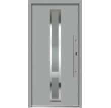 Ușă de intrare gri din aluminiu cu decupaj vertical din sticlă și mâner din oțel inoxidabil.