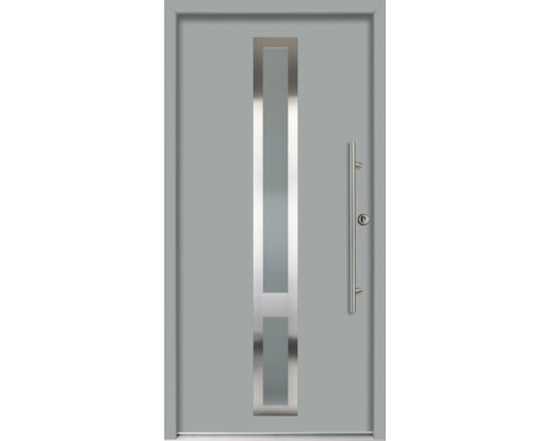 Ușă de intrare gri din aluminiu cu decupaj vertical din sticlă și mâner din oțel inoxidabil.