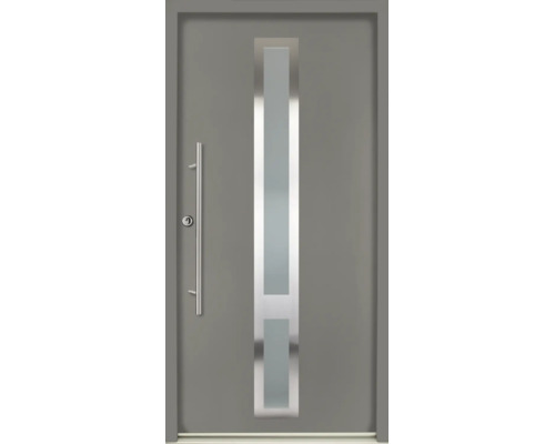 Ușă de intrare gri cu geam vertical, ramă din oțel inoxidabil și mâner bară lung.