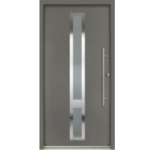 Ușă de intrare modernă de culoare antracit, cu decupaj vertical pentru geam, decor din oțel inoxidabil și mâner bară lung.