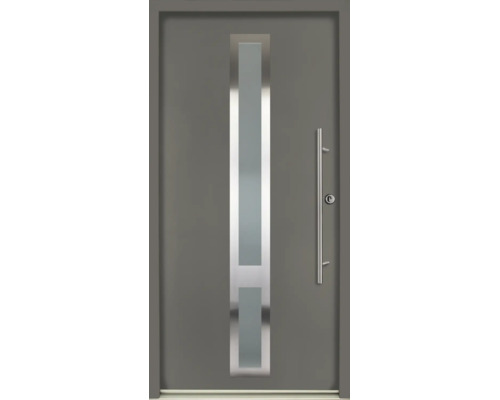 Ușă de intrare modernă de culoare antracit, cu decupaj vertical pentru geam, decor din oțel inoxidabil și mâner bară lung.