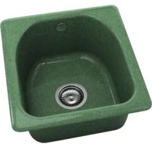Chiuvetă de bucătărie pătrată verde cu o singură cuvă din material compozit cu sită de scurgere și preaplin.