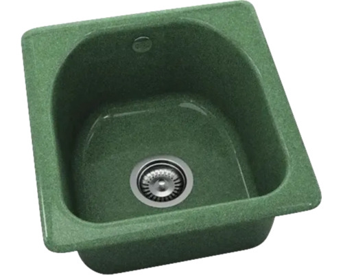 Chiuvetă de bucătărie pătrată verde cu o singură cuvă din material compozit cu sită de scurgere și preaplin.