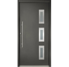 Ușă de intrare antracit cu trei decupaje dreptunghiulare din sticlă și mâner vertical lung din oțel inoxidabil.