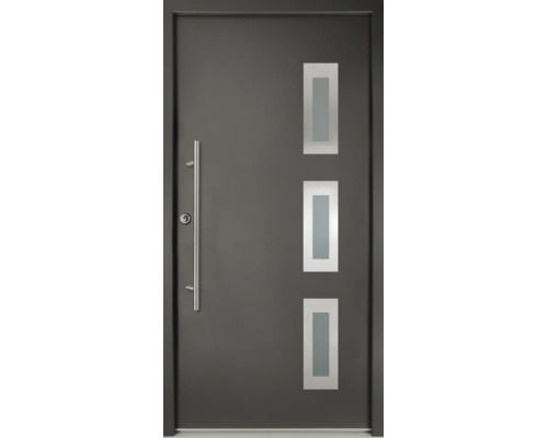 Ușă de intrare antracit cu trei decupaje dreptunghiulare din sticlă și mâner vertical lung din oțel inoxidabil.