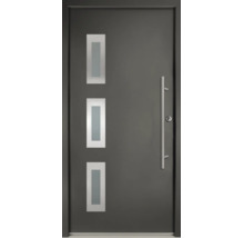 Ușă de intrare modernă de culoare antracit, cu trei decupaje dreptunghiulare din sticlă și un mâner vertical din oțel inoxidabil.