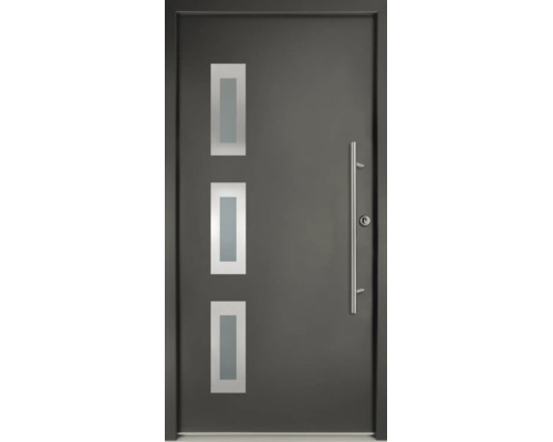 Ușă de intrare modernă de culoare antracit, cu trei decupaje dreptunghiulare din sticlă și un mâner vertical din oțel inoxidabil.