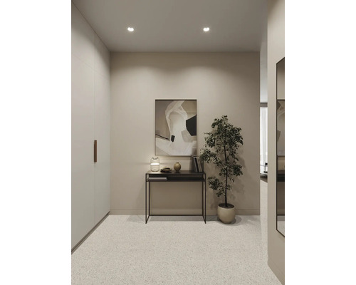 Hol modern cu masă consolă închisă la culoare, tablou abstract, plantă de interior în ghiveci și pardoseală din terrazzo deschisă.