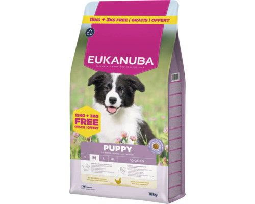 Hrană Eukanuba Puppy pentru căței medii, 1-12 luni, cu pui, 15 kilograme plus 3 kilograme gratuit, total 18 kilograme.
