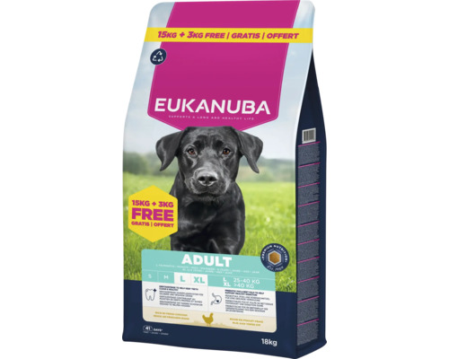Hrană uscată Eukanuba Adult pentru câini de talie mare cu pui proaspăt, sac de 18 kilograme.