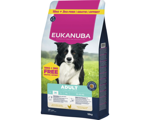Hrană uscată pentru câini adulți de talie medie Eukanuba, pui, sac de 18 kilograme cu imaginea unui Border Collie.