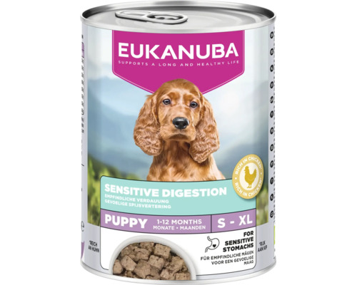 Eukanuba hrană umedă pentru căței Sensitive Digestion cu pui pentru digestie sensibilă, potrivită pentru câini de la una la douăsprezece luni.
