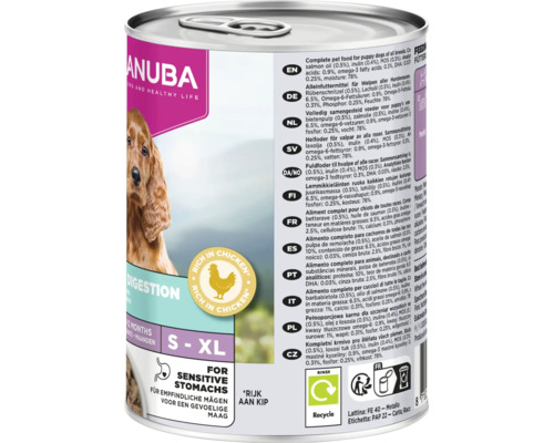 Logo Eukanuba pe conservă hrană umedă pentru căței cu pui pentru stomac sensibil, potrivită pentru talii de la S la XL, ambalaj reciclabil.