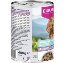 Hrană umedă Eukanuba Sensitive Digestion Puppy pentru căței, conservă de 400 grame cu ghid de hrănire și informații despre produs.