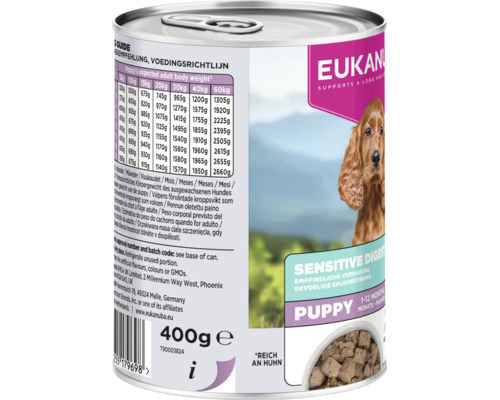 Hrană umedă Eukanuba Sensitive Digestion Puppy pentru căței, conservă de 400 grame cu ghid de hrănire și informații despre produs.