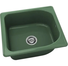 Chiuvetă pătrată verde cu sită de scurgere din oțel inoxidabil.