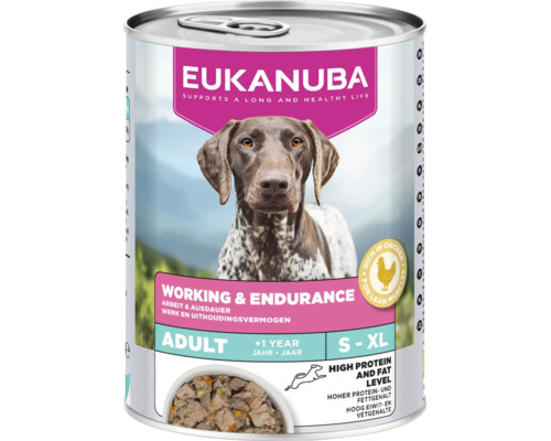 Hrană umedă Eukanuba Working și Endurance pentru câini adulți de peste un an, bogată în pui, conținut ridicat de proteine și grăsimi, mărimea S la XL.
