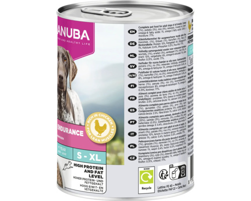 Eukanuba Endurance hrană umedă pentru câini adulți, bogată în pui, nivel ridicat de proteine și grăsimi, mărimi S până la XL, Eukanuba Logo.