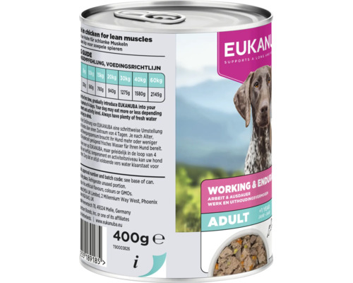 Eukanuba hrană umedă Adult Working și Endurance cu pui, conservă de 400 grame.